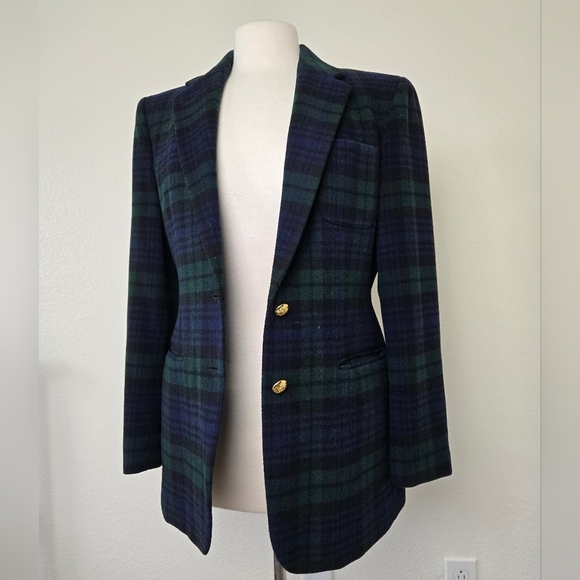 Vintage Ralph Lauren Tartan Plaid Wool Cashmere Check Blazer Green Navy Size 8P - Picture 3 of 15